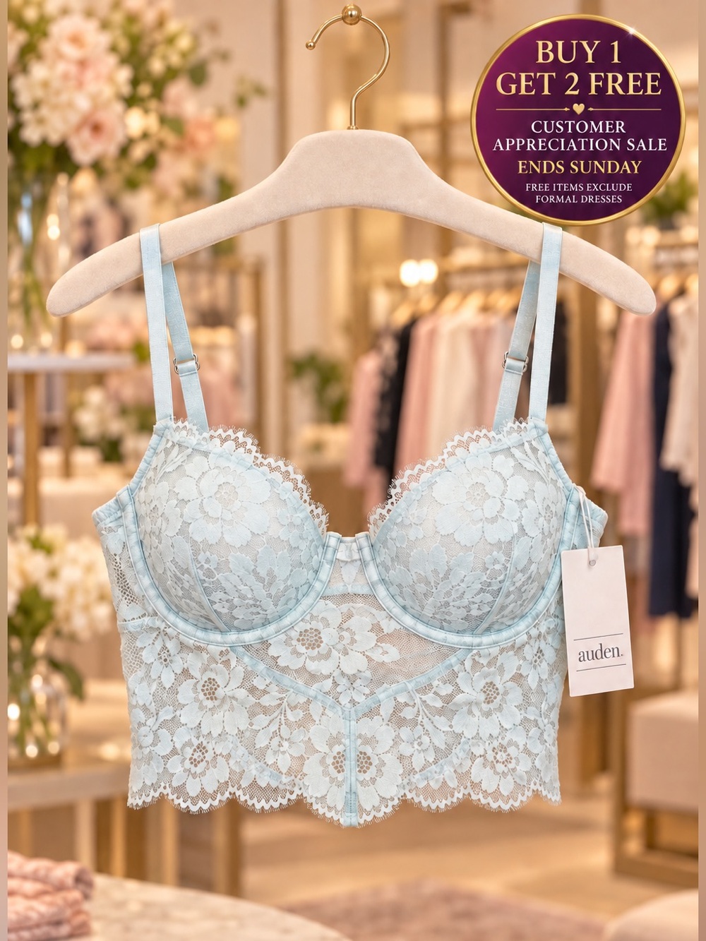 Auden Lace Longline Bustier Bra Women’s Medium Light Blue NWT